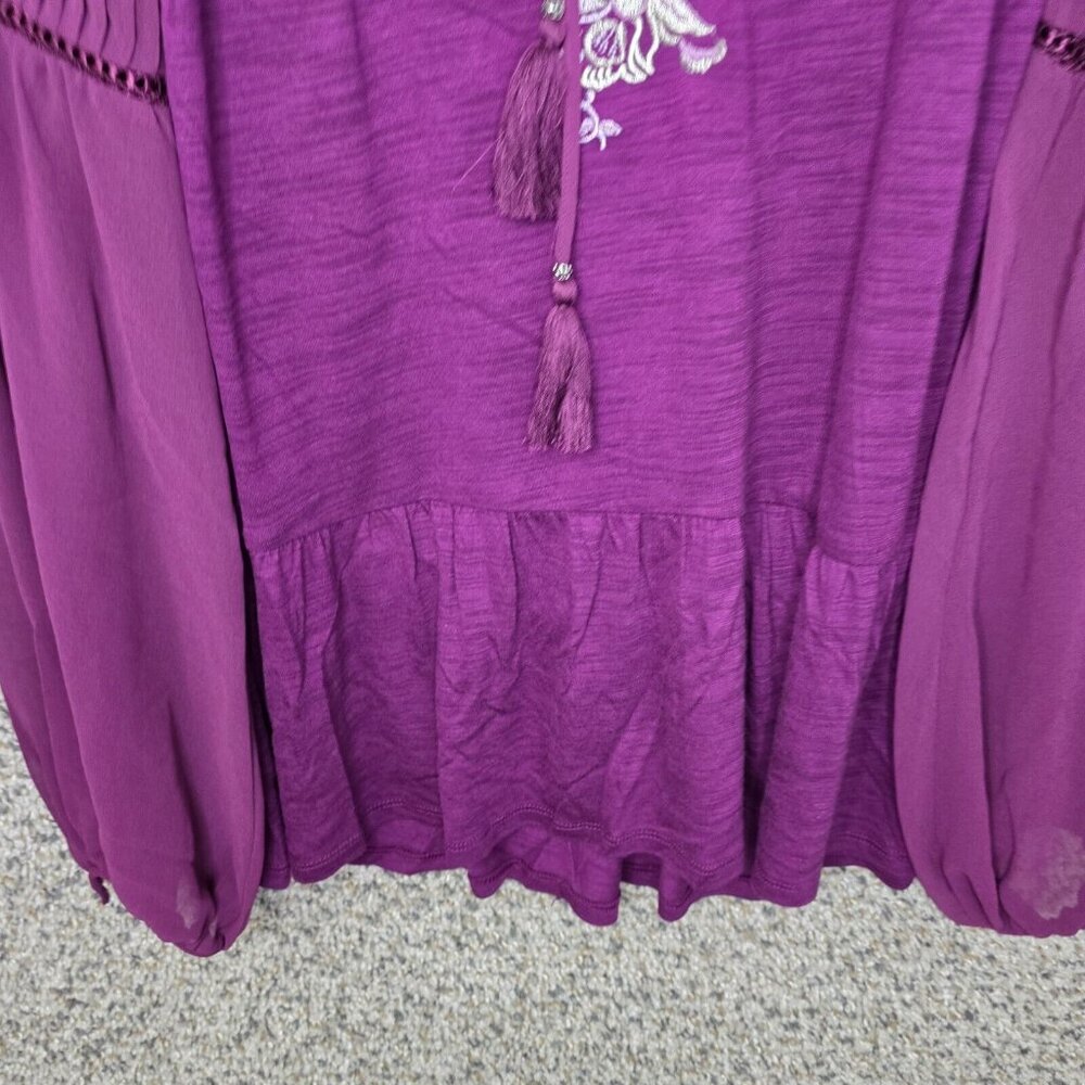White House‎ Black Market Top Womens XXS Purple Embroidered Blouse Neck Tie - Picture 5 of 7